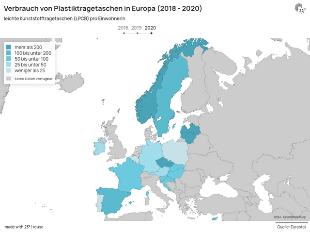 Verbrauch von Plastiktragetaschen in Europa (2018 - 2020)