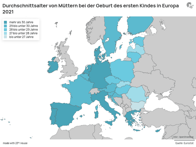 Durchschnittsalter von Müttern bei der Geburt des ersten Kindes in Europa 2021