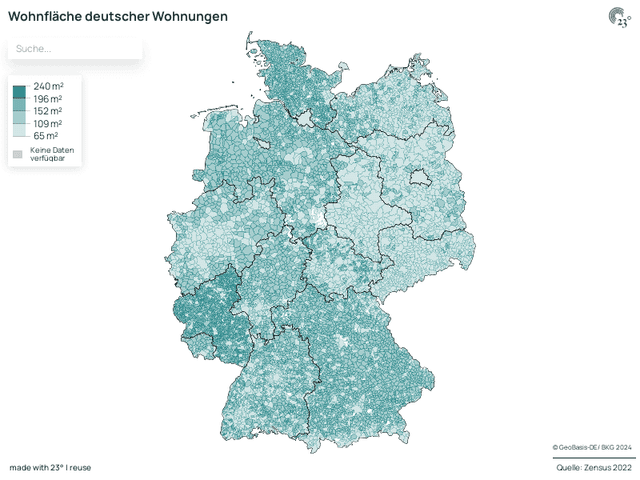Zensus 2022: Wohnfläche deutscher Wohnungen